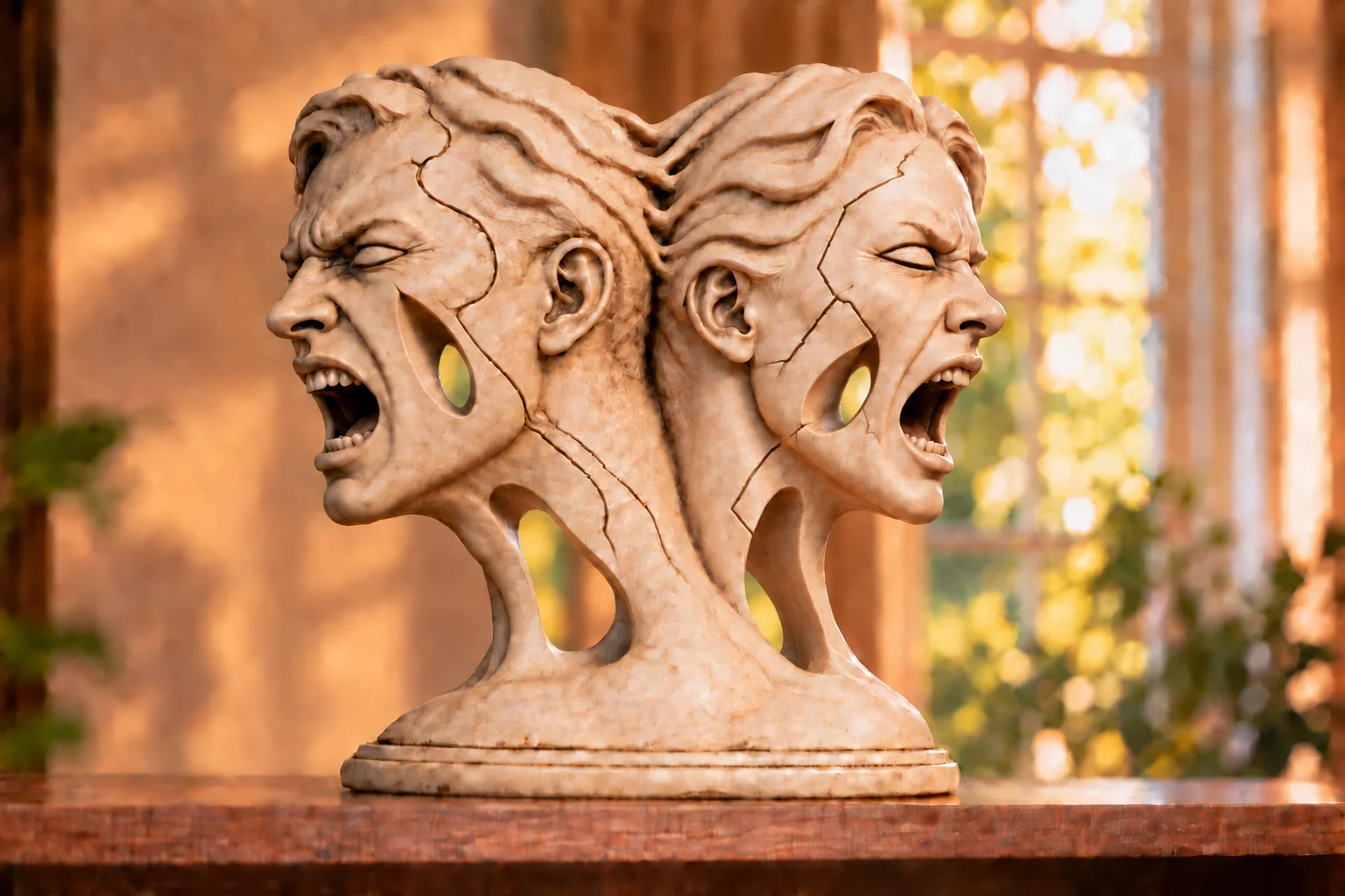 Escultura clara e vazada de dois rostos unidos pela nuca, gritando em direções opostas, sobre uma estante de madeira