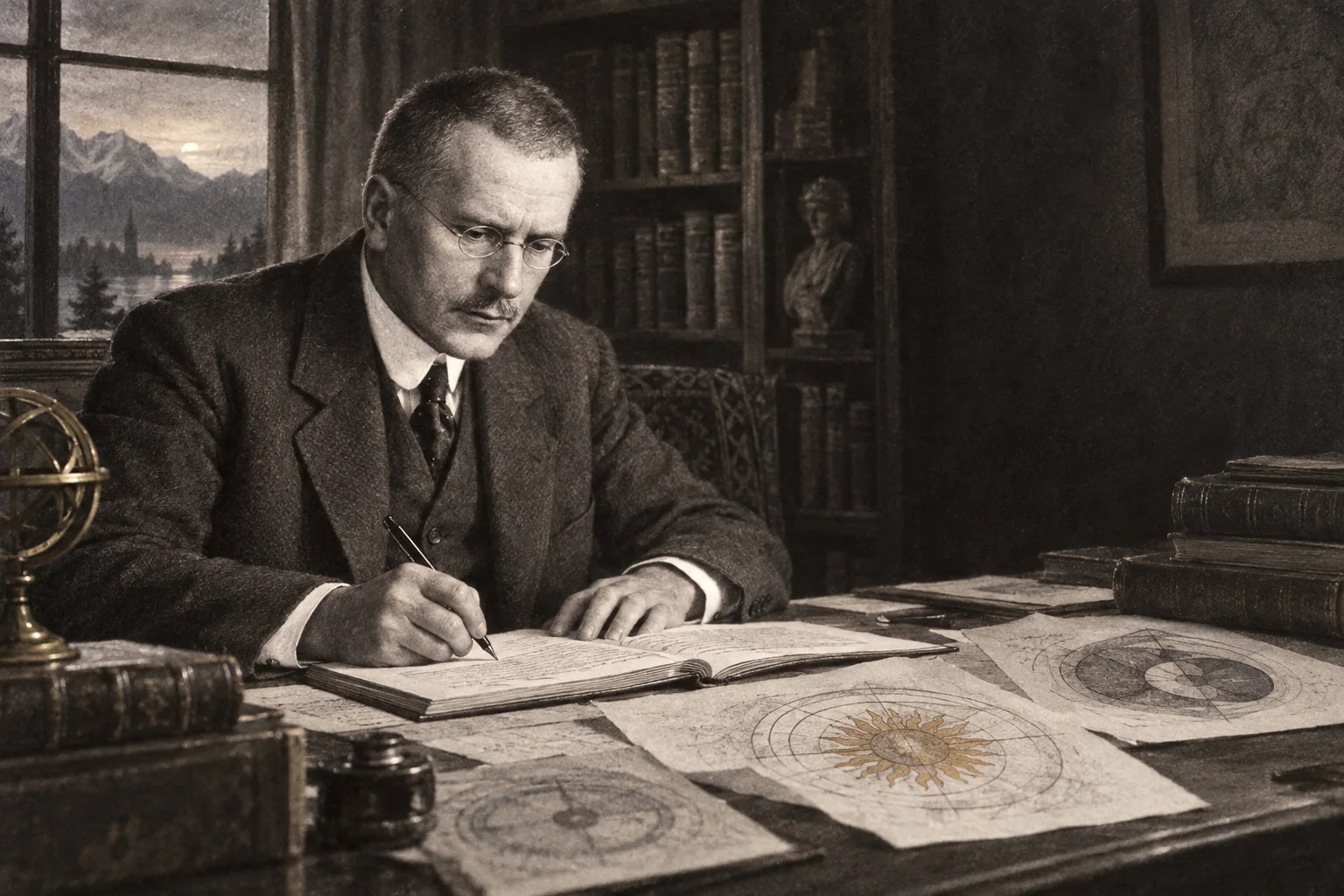 Ilustração editorial de C. G. Jung estudando e escrevendo diante de cadernos