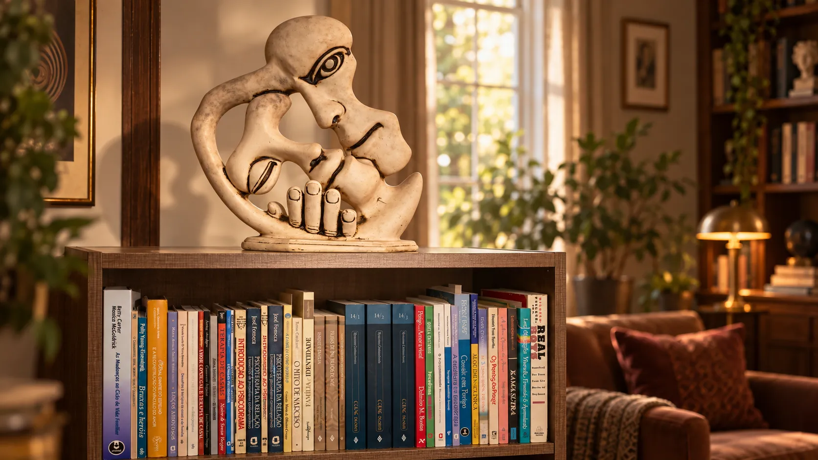 Escultura de duas figuras junto a livros de psicologia numa estante inspirada no consultório