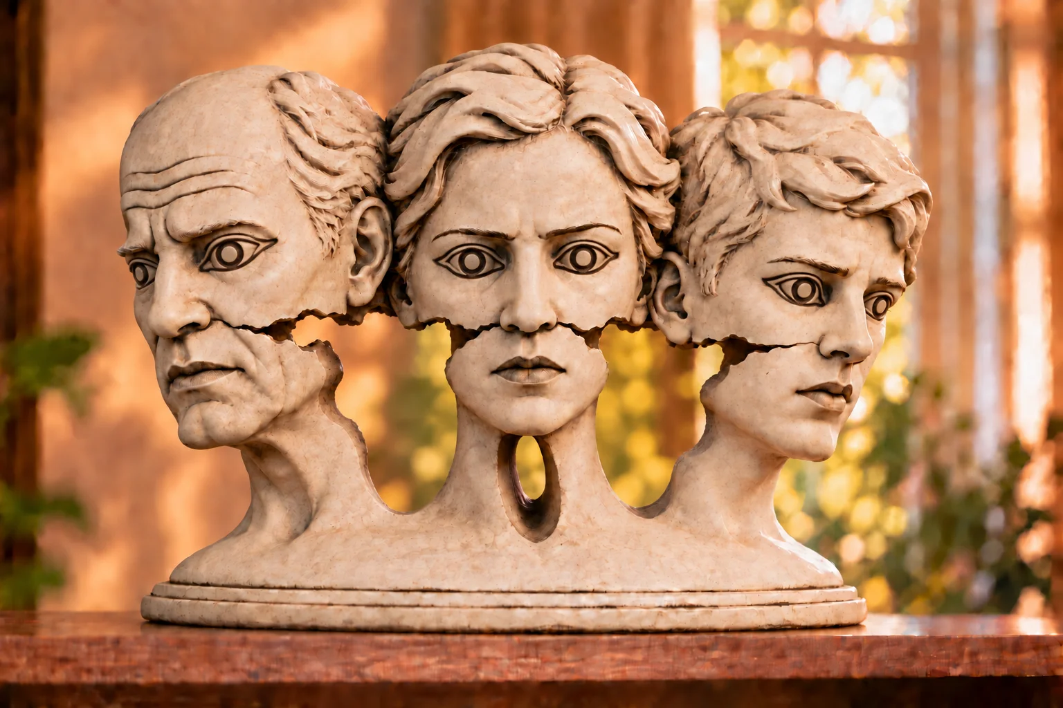 Escultura vazada de três gerações — um homem idoso, uma mulher adulta e um menino — ligadas à mesma base e atravessadas por uma fissura horizontal