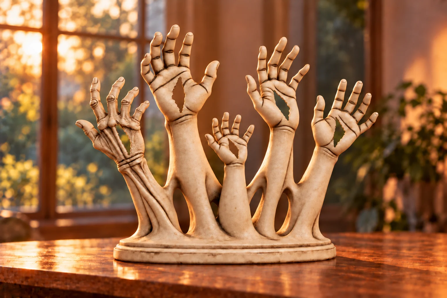 Escultura clara de cinco mãos de diferentes gerações, com palmas vazadas, unidas à mesma base e estendidas para cima, sob a luz do entardecer